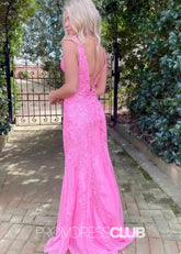 Judy |Long Pink Prom Dresses Near Me With Deep V - Neck Straps Lace Appliques Mermaid - Price #price_variant_lowest# - Pink - PromDressClub